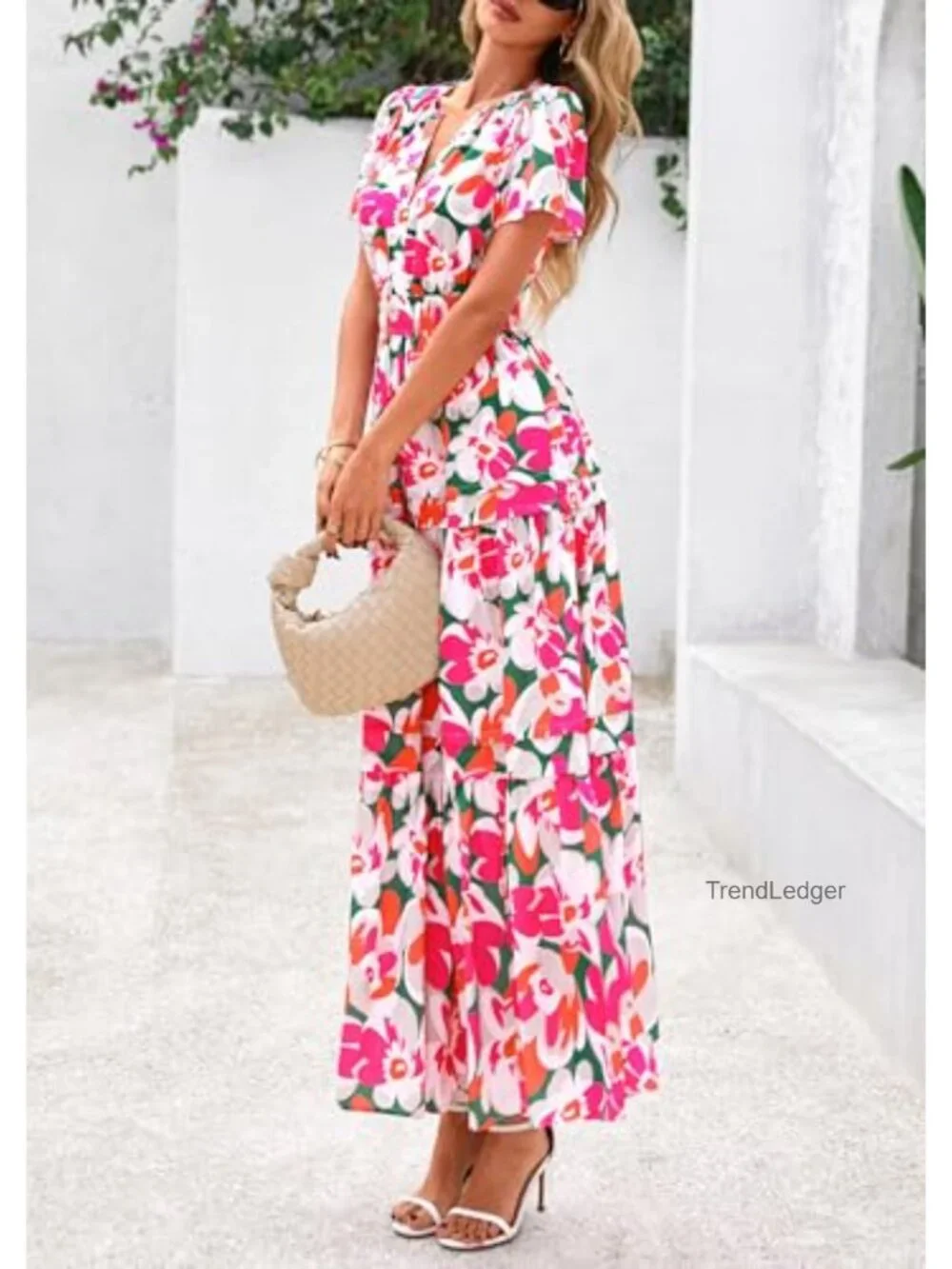 Boho Floral Maxi Dress with Pockets, V Neck, Short Sleeve, Tiered A-Line